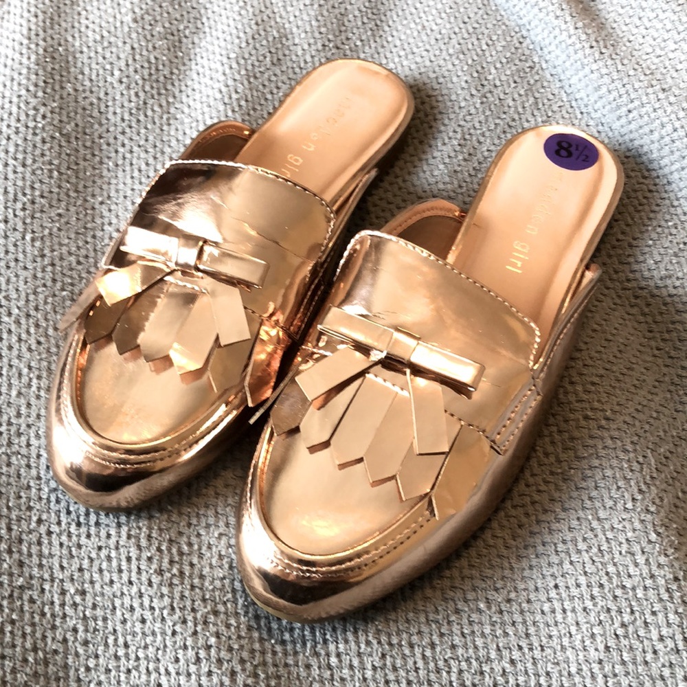 Madden Girl rose gold patent loafer mules